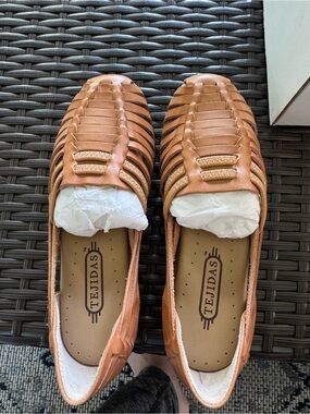 Women's Tan Woven Leather Slip-On Shoes